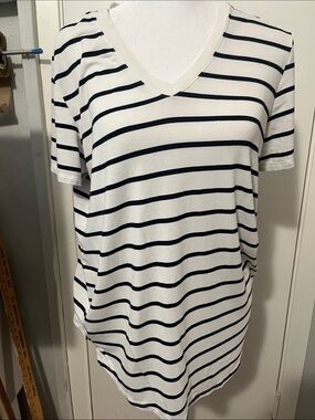 GAP White and Navy Striped V-Neck Short Sleeve Tee